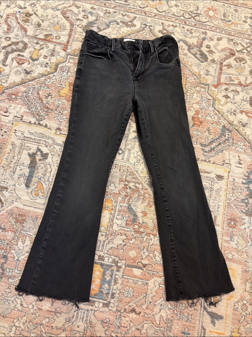 Frame Denim Black Flare Jeans with Raw Hem